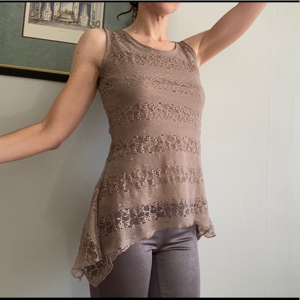 Taupe Lace Asymmetrical Tank Top M